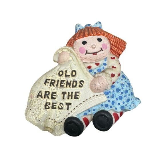 Vintage "Old Friends Are The Best" Rag Doll Fridge Magnet blue white bow READ - Picture 1 of 6